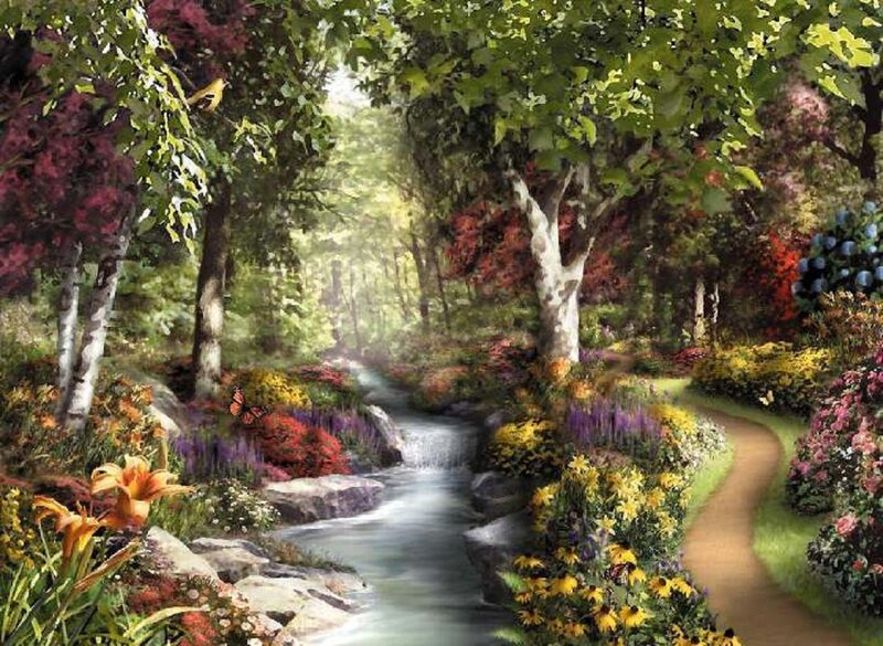 Stream in Garden — Green, Serene, Afternoon