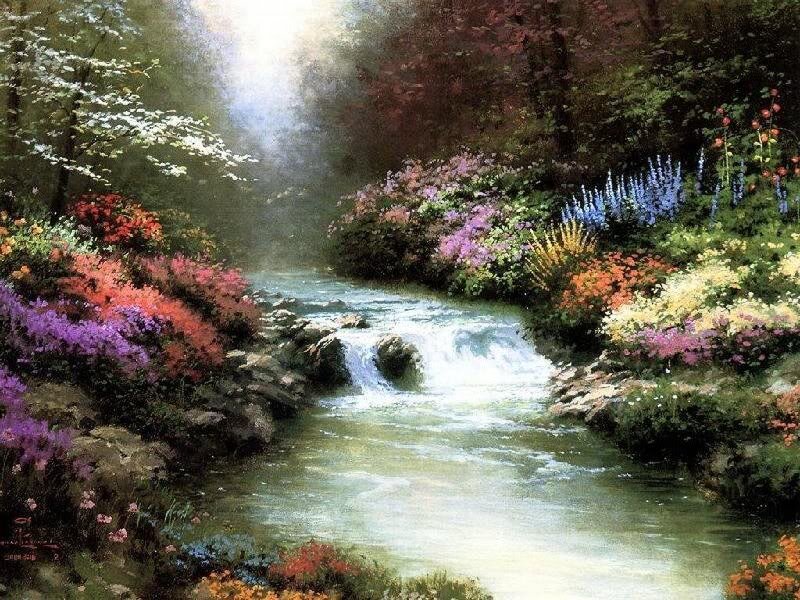 Stream in Garden — Green, Serene, Morning