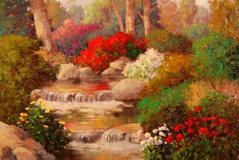 Stream in Garden — Green, Serene, Spring, Painting