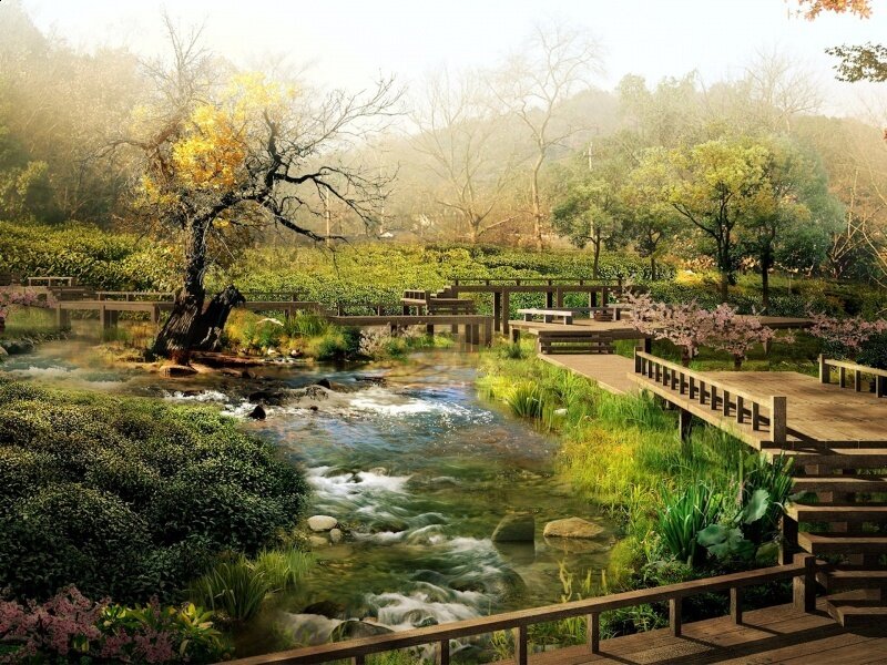 Stream in Garden — Green, Serene