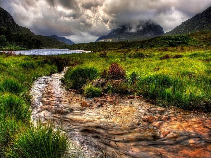 Stream in Grassy Valley — Green, Dramatic