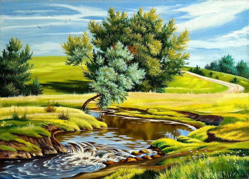 Stream in Green Field — Serene, Afternoon, Painting