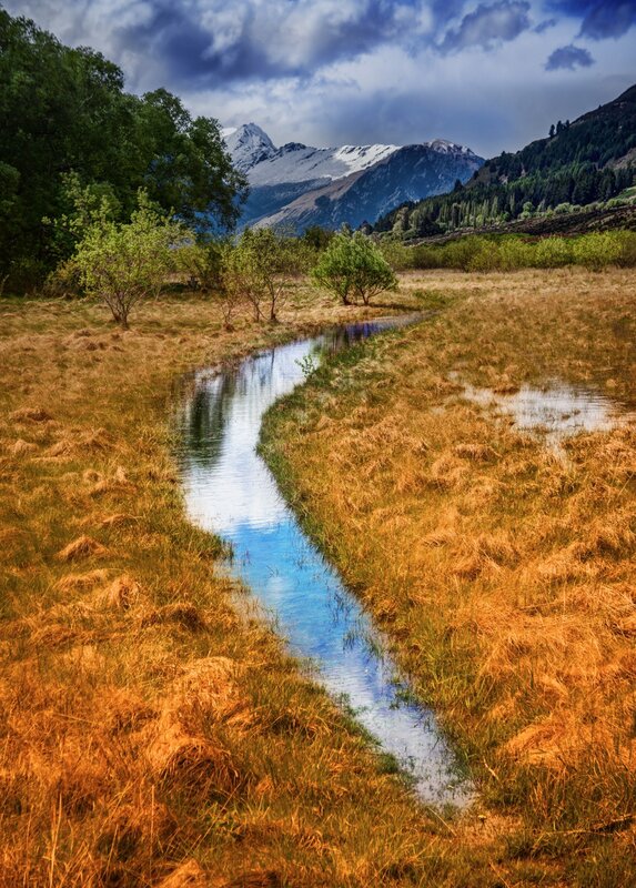 Stream in Mountain Valley — Blue, Dramatic
