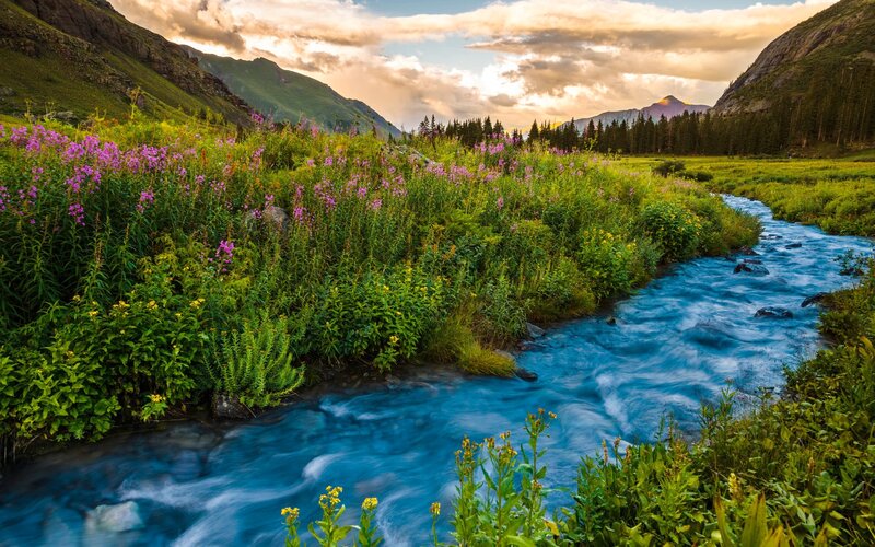 Stream in Mountain Valley — Blue, Serene