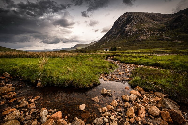 Stream in Mountain Valley — Green, Dramatic, Afternoon, Photograph