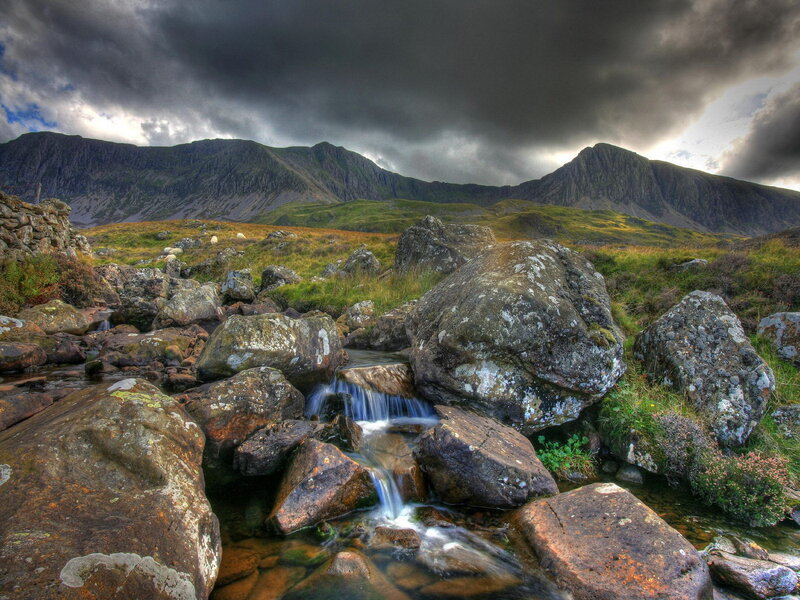 Stream in Mountain Valley — Green, Dramatic, Photograph