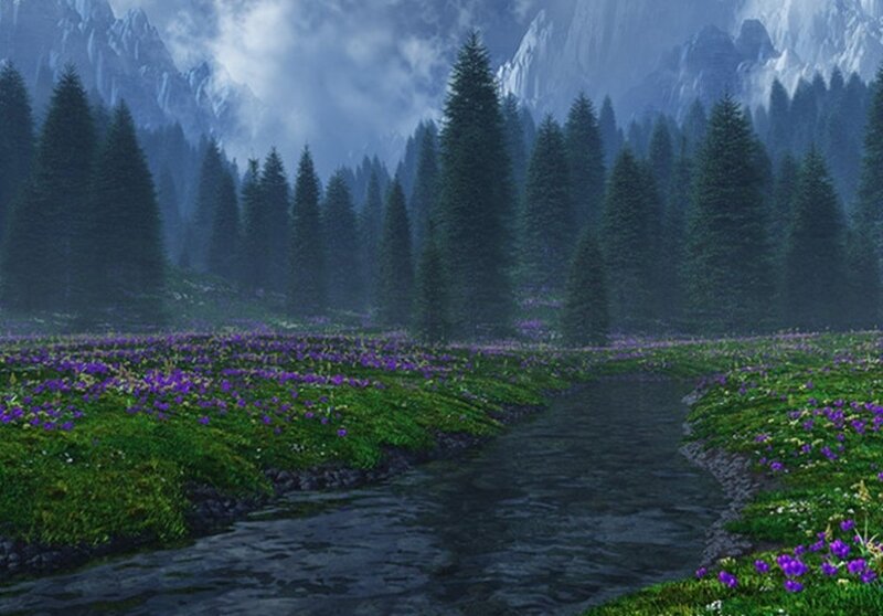 Stream in Mountain Valley — Green, Serene, Morning, Digital Art