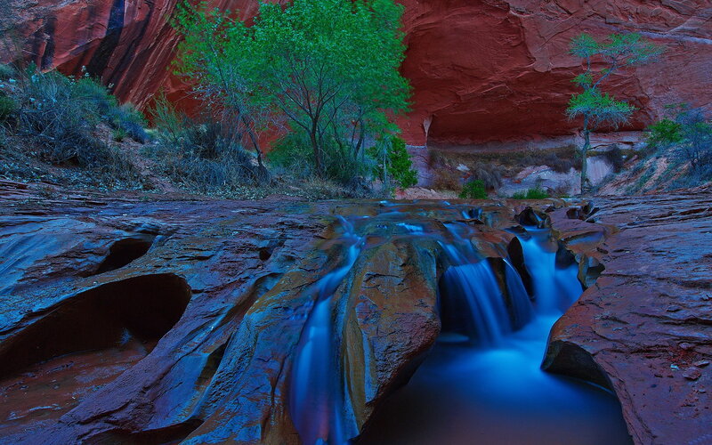 Stream in Red Canyon — Serene, Night, Photograph