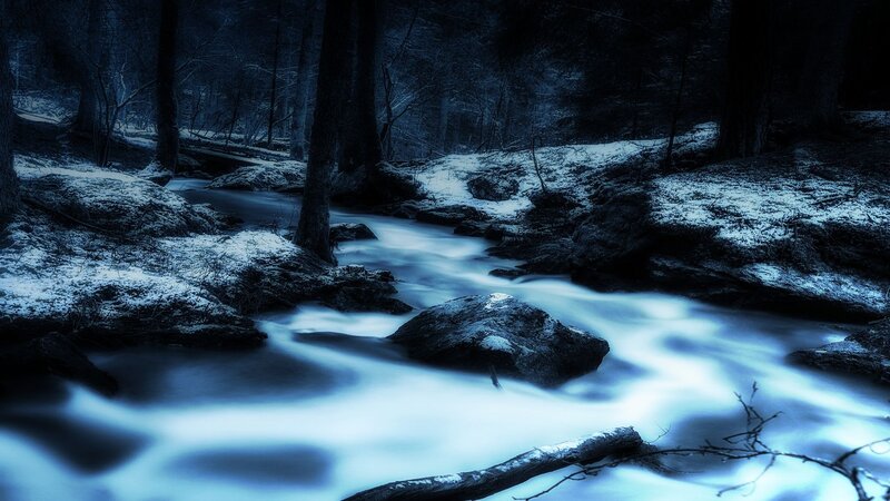 Stream in Snowy Forest — Blue, Dark