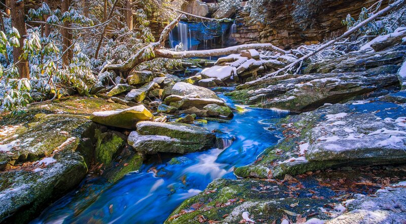 Stream in Snowy Forest — Blue, Serene, Winter, Photograph