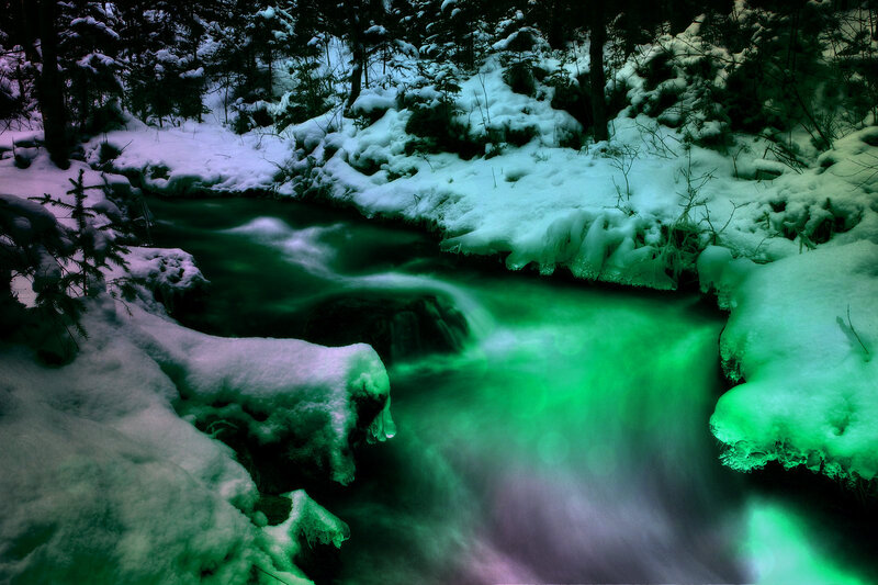 Stream in Snowy Forest — Green, Dramatic