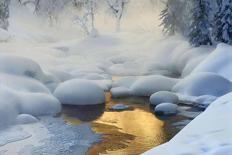 Stream in Snowy Forest — White, Serene, Winter, Photograph, Snow, Trees, Steam