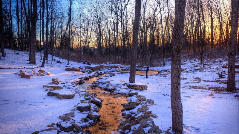 Stream in Snowy Forest — White, Serene, Winter, Photograph, Trees, Snow, Rocks, Sunset