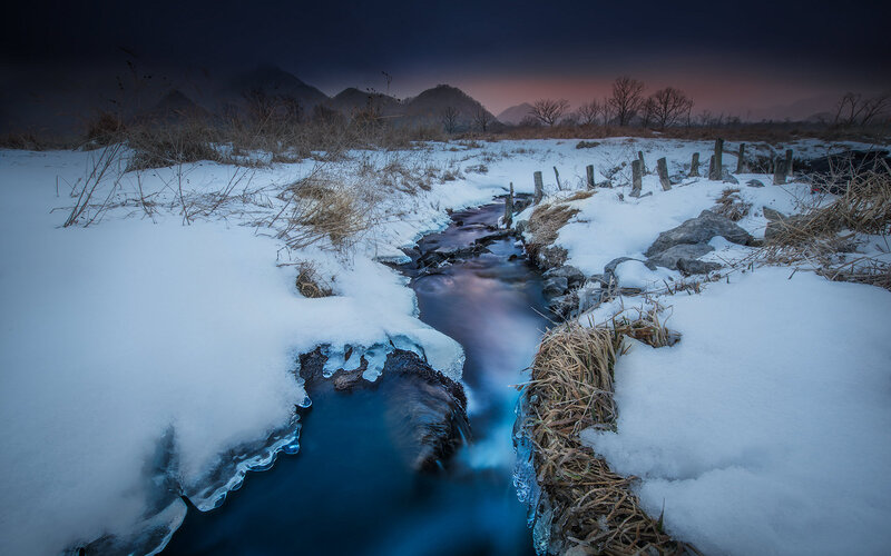 Stream in Snowy Landscape — Blue