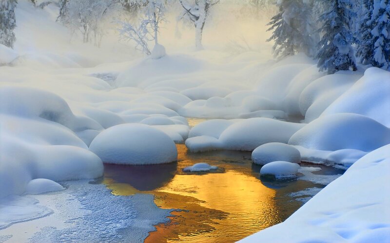 Stream in Snowy Landscape — White, Serene, Winter, Photograph