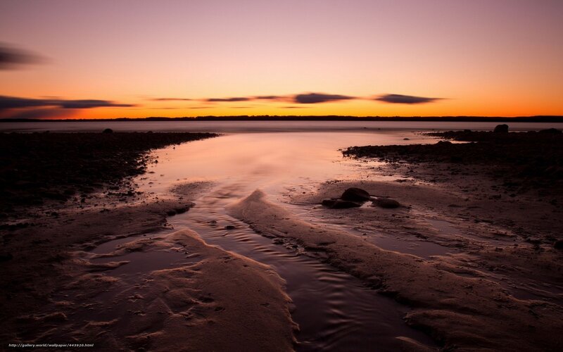 Stream on Beach at Sunset — Orange, Serene, Photograph, Water