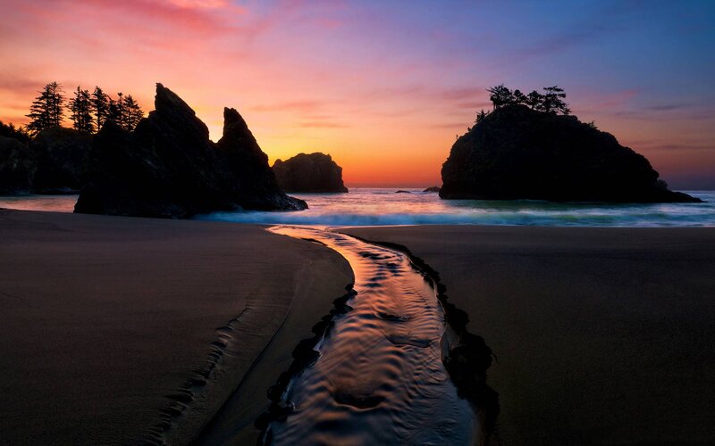 Stream on Beach at Sunset — Orange, Serene