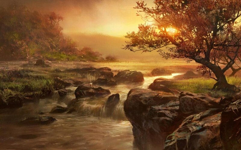 Stream Through Autumn Forest — Orange, Serene, Sunset, Digital Art, River, Rocks