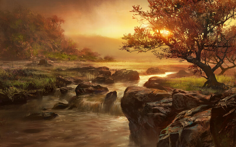 Stream Through Autumn Forest — Orange, Serene, Sunset, Digital Art
