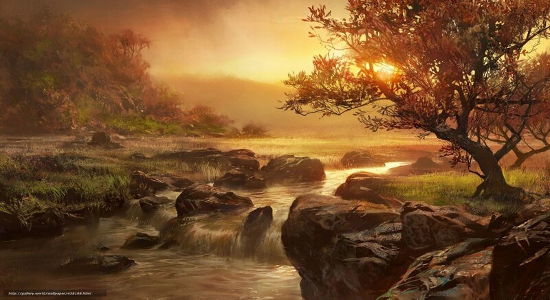 Stream Through Autumn Forest — Orange, Serene, Sunset