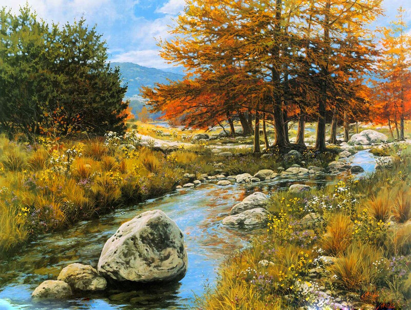 Stream Through Autumn Forest — Orange, Serene