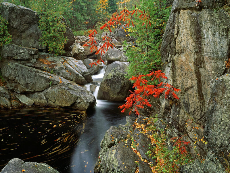Stream Through Rocky Gorge — Red, Serene, Autumn