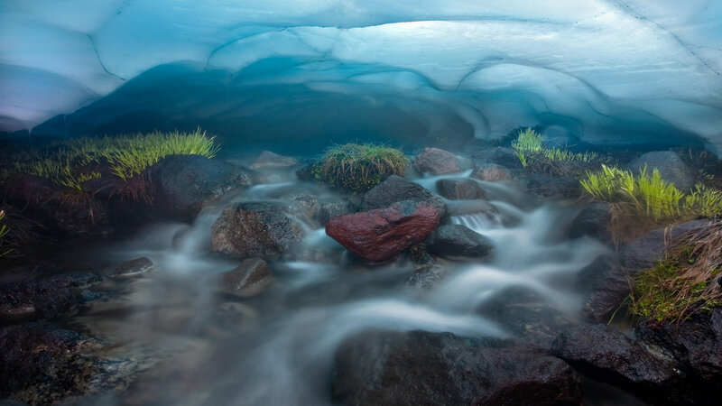 Stream under Ice Cave — Blue, Serene, Photograph