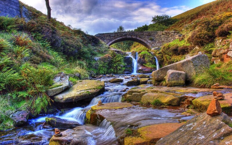 Stream under Stone Bridge — Green, Serene, Afternoon, Photograph, Waterfall, Rocks, Blue