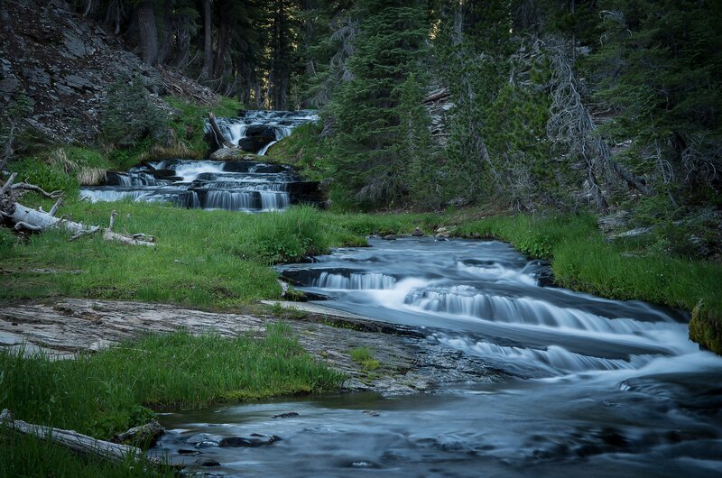 Stream with Small Waterfall — Green, Serene, Night