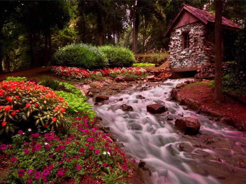 Stream with Stone Cabin — Green