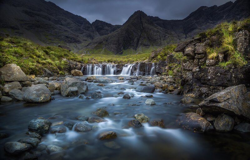 Stream with Waterfall — Blue, Dramatic
