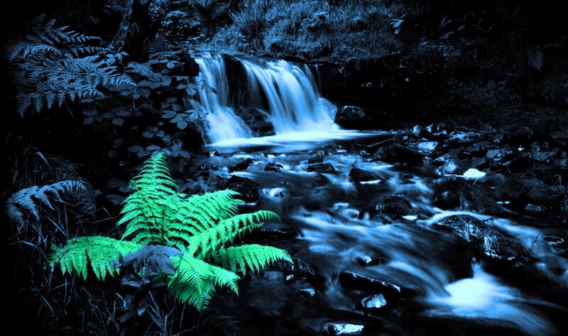 Stream with Waterfall — Blue, Serene, Night