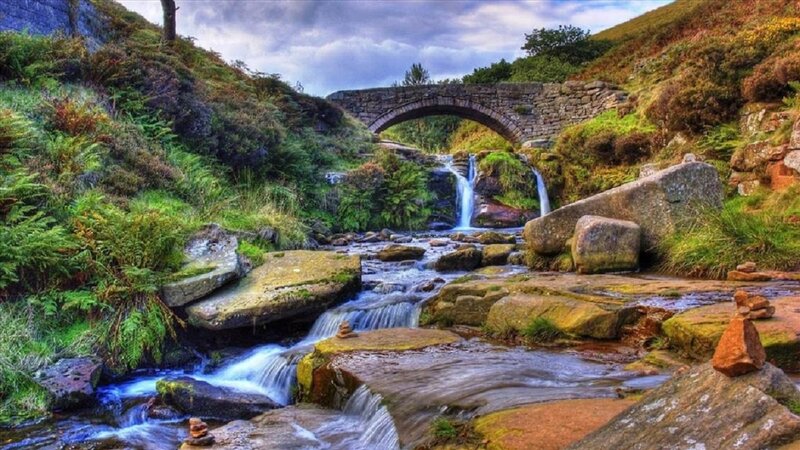 Stream with Waterfall — Green, Serene, Afternoon, Photograph, Bridge