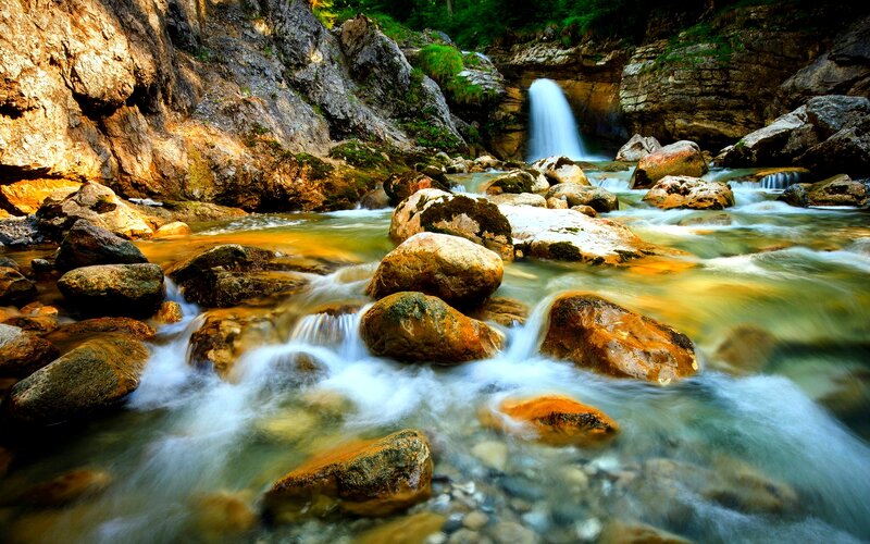 Stream with Waterfall — Green, Serene, Afternoon, Photograph, Rocks