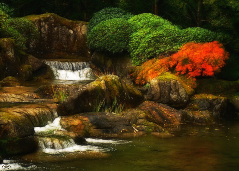 Stream with Waterfall — Green, Serene