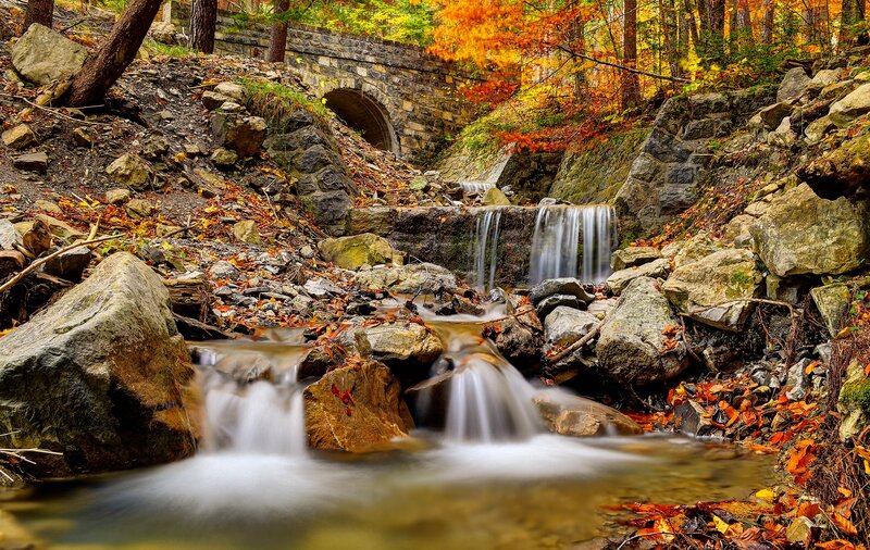 Stream with Waterfall — Orange, Serene