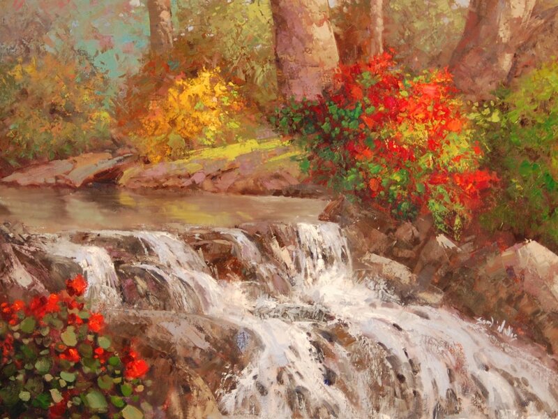 Stream with Waterfall — Red, Serene, Autumn, Painting
