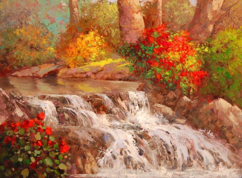 Stream with Waterfall — Red, Serene, Autumn, Painting, Trees