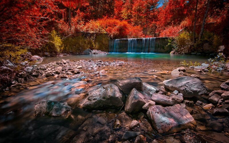 Stream with Waterfall — Red, Serene, Autumn, Photograph, Trees, Rocks
