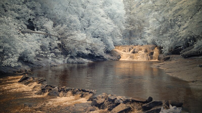 Stream with Waterfall — White