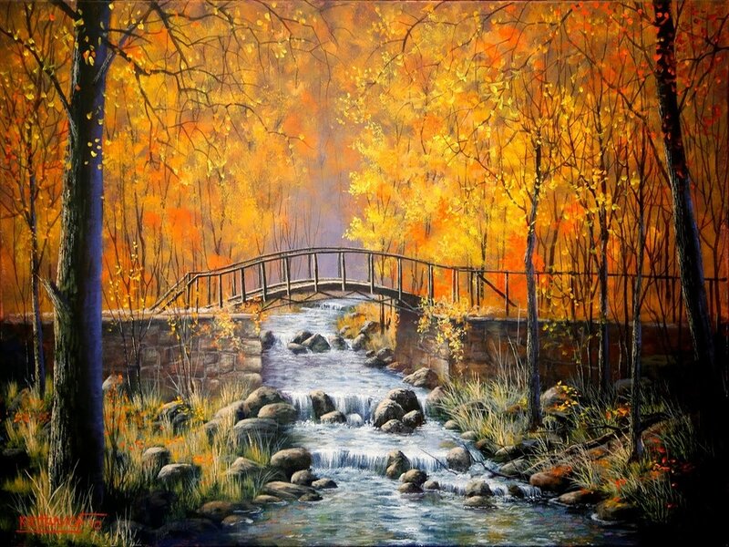 Stream with Wooden Bridge — Yellow