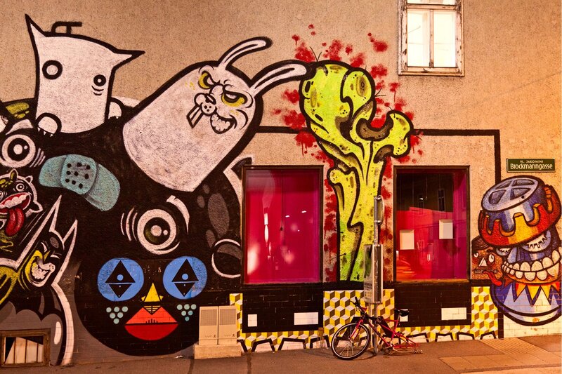 Street art mural with cartoon characters