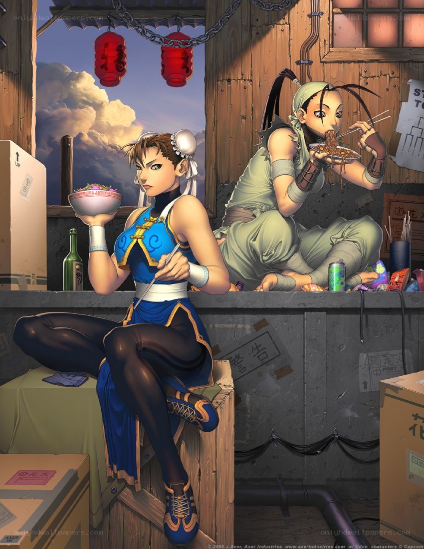 Street Fighter characters eating noodles