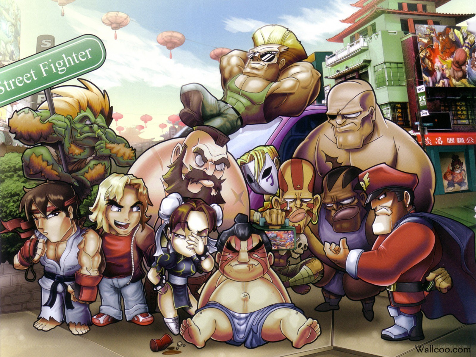 Street Fighter characters in a city
