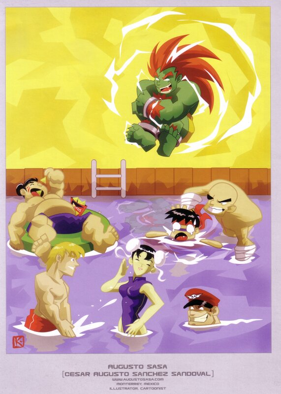 Street Fighter characters in a pool