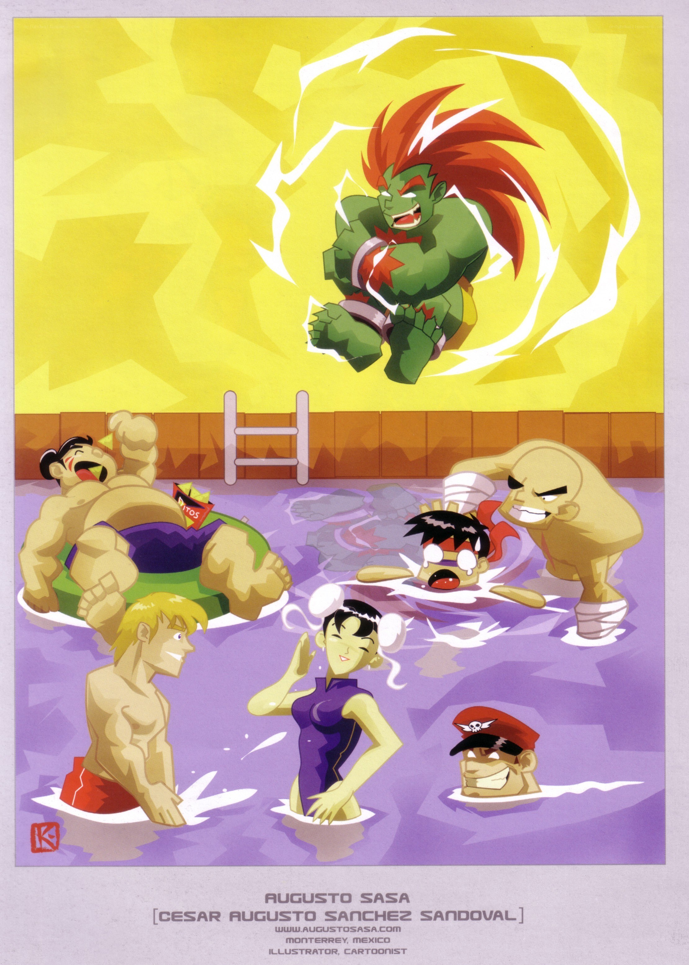 Street Fighter characters in a pool
