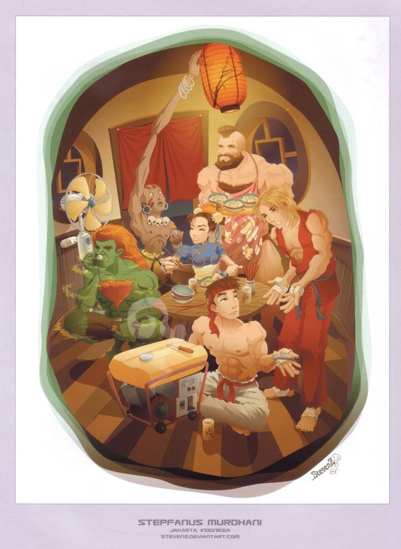 Street Fighter characters in a restaurant