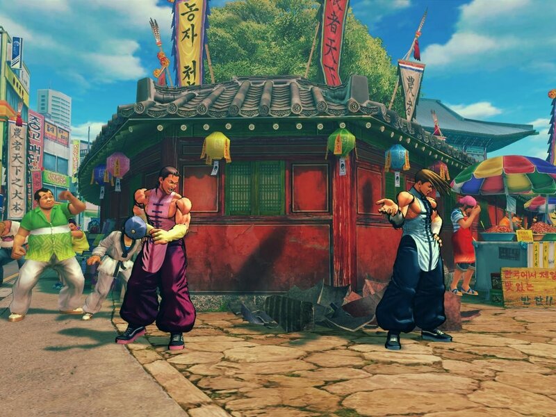 Street Fighter characters in market scene