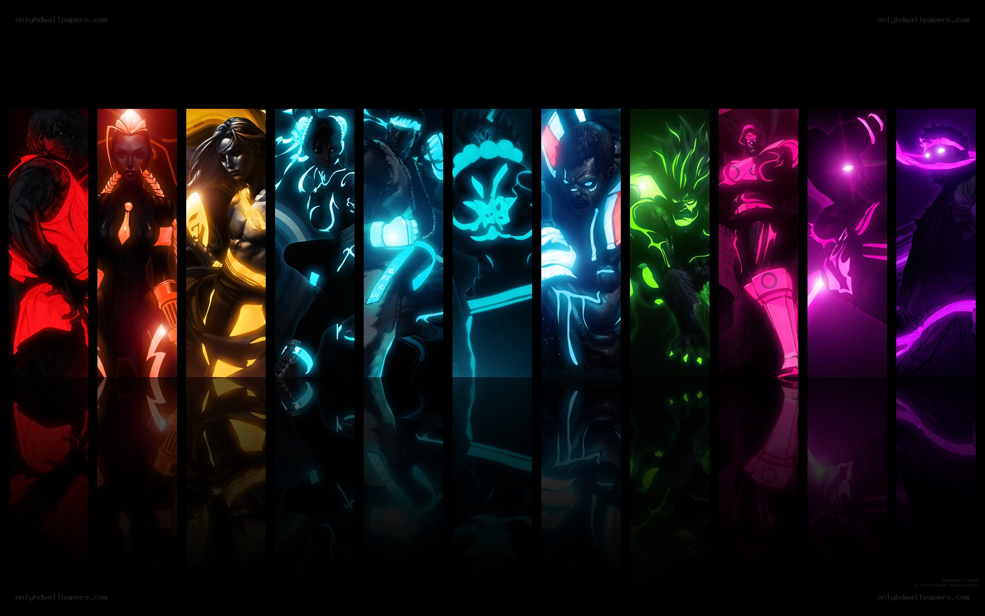 Street Fighter characters in neon