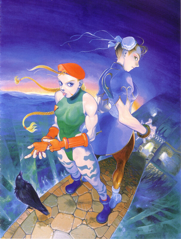 Street Fighter II characters on a bridge